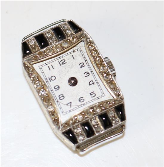 Ladys platinum onyx and diamond cocktail watch (a.f.)